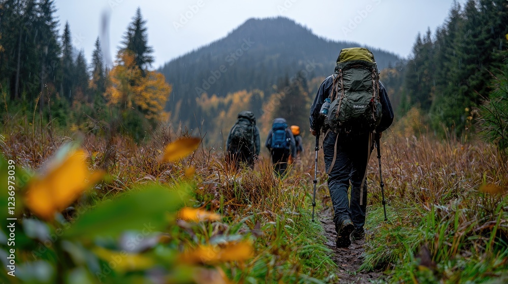 Hikers trekking mountain trail autumn landscape Hikers trekking mountain trail autumn landscape