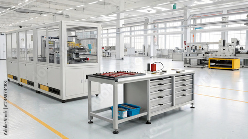 Bright fluorescent lights illuminate a spacious and modern manufacturing plant with clean white floors and tidy workstations. Industrial machinery and equipment are systematically arranged.AI