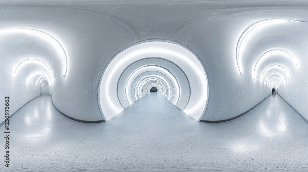 Obraz premium Abstract White Lit Arched Corridors in a Minimalistic Tunnel Shot 360 panorama vr environment map. 3D Illustration