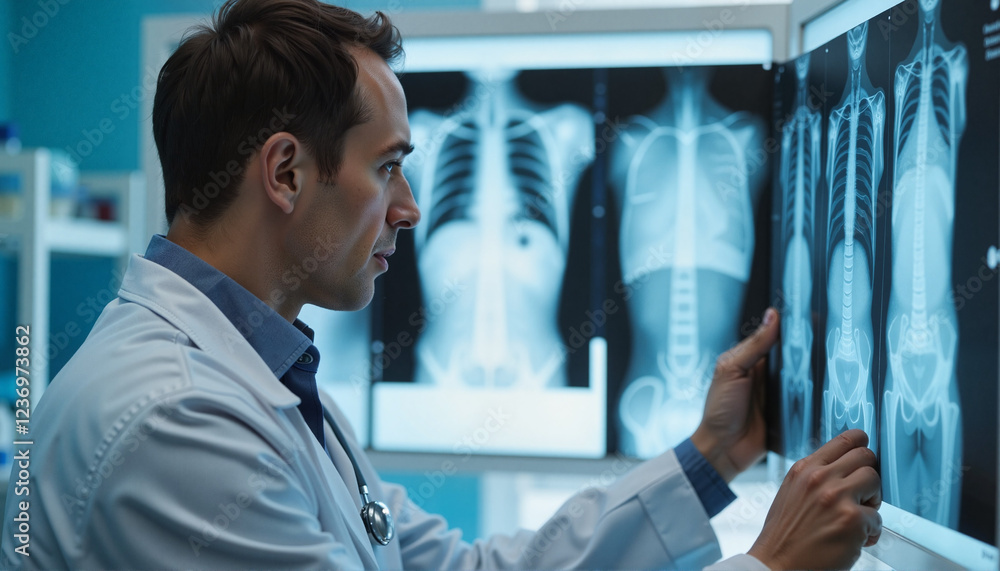 Male doctor analyzing x-ray in medical office, healthcare profession Male doctor analyzing x-ray in medical office, healthcare profession