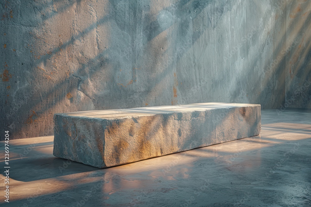 A concrete block rests on a clean surface, illuminated by soft natural light creating gentle shadows in a modern space A concrete block rests on a clean surface, illuminated by soft natural light creating gentle shadows in a modern space