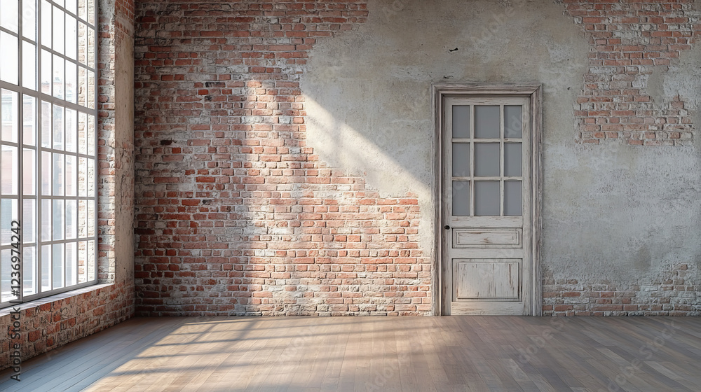 An empty room with a door and a brick wall 3d render illustration. 3D Illustration