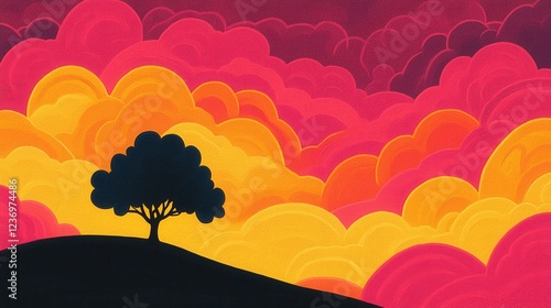 Vibrant Sunset with Silhouette Tree on Rolling Hill Landscape photo