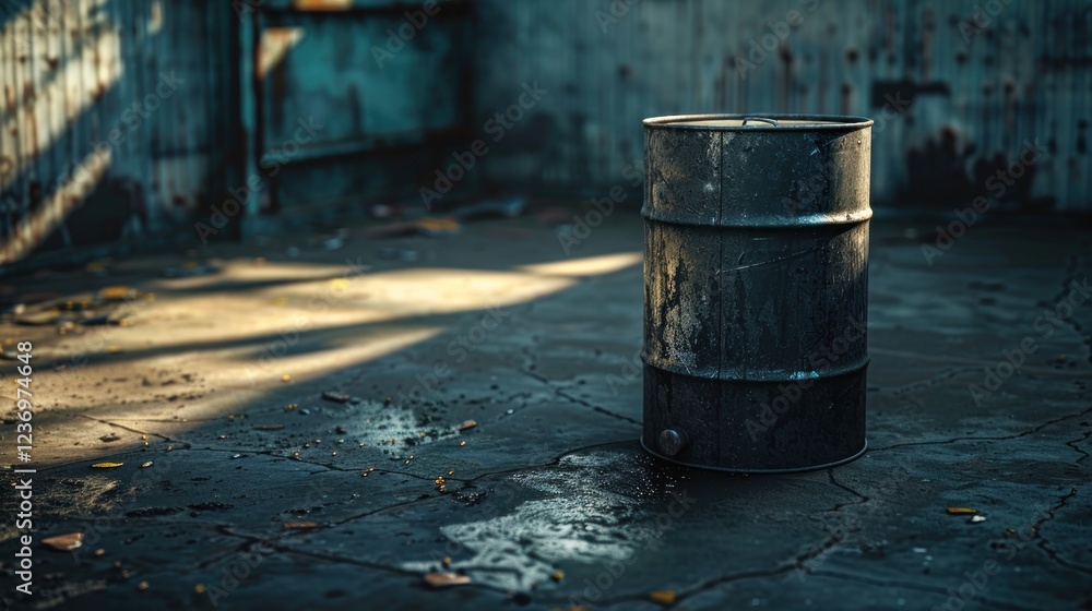 An oil barrel on flat concrete shows clean functionality with moody lighting and striking shadows An oil barrel on flat concrete shows clean functionality with moody lighting and striking shadows