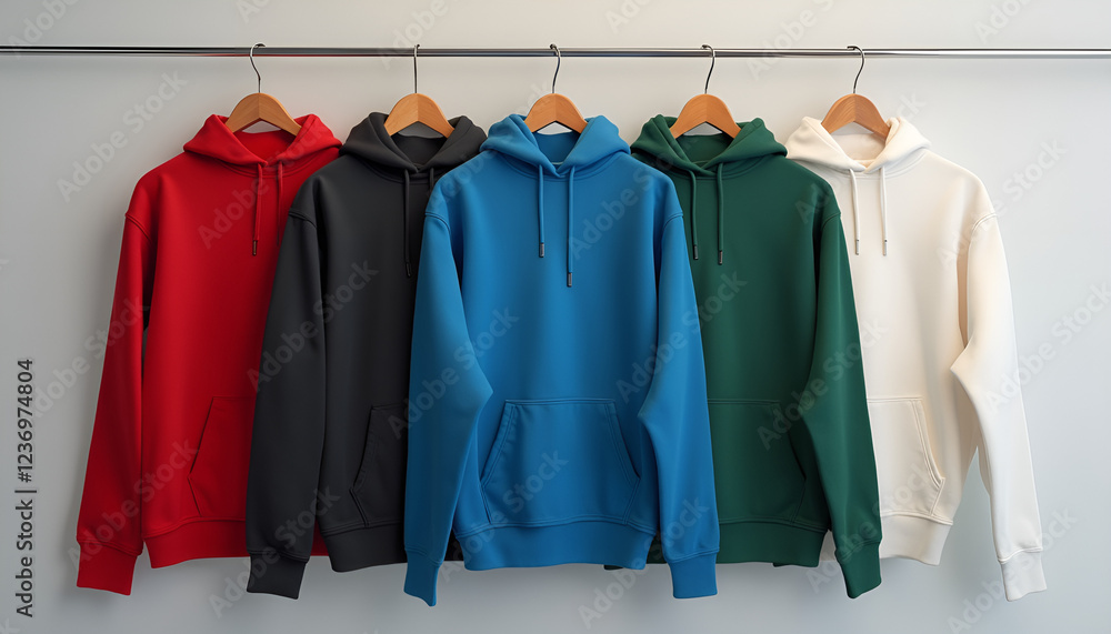 Colorful hoodies hanging on a rack, trendy and casual, modern fashion background