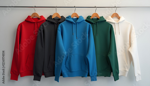 Obraz na płótnie Colorful hoodies hanging on a rack, trendy and casual, modern fashion background w salonie
