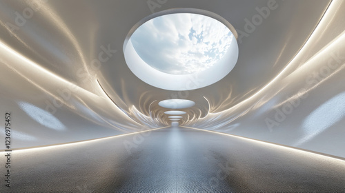 Modern tunnel interior with circular skylight and ambient lighting 360 panorama vr environment map. 3D Illustration