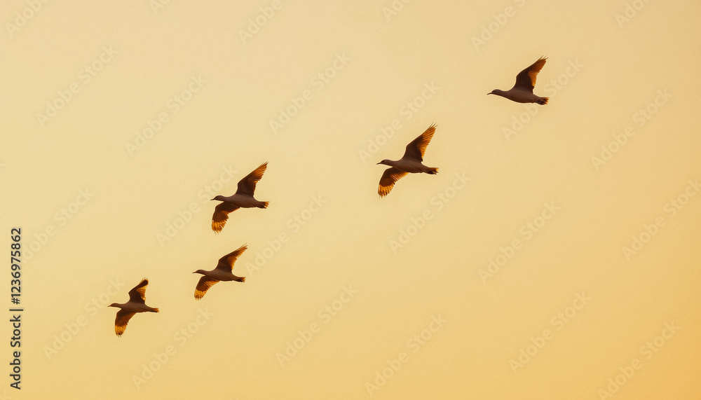 Fototapeta premium A flock of seagulls flying together across a clear sky at sunset, creating a peaceful and harmonious nature scene.