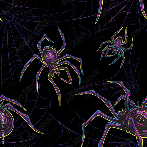 Vector Color Scary Spiders Seamless Pattern