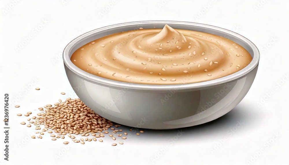 A creamy bowl of tahini surrounded by scattered sesame seeds. A creamy bowl of tahini surrounded by scattered sesame seeds.