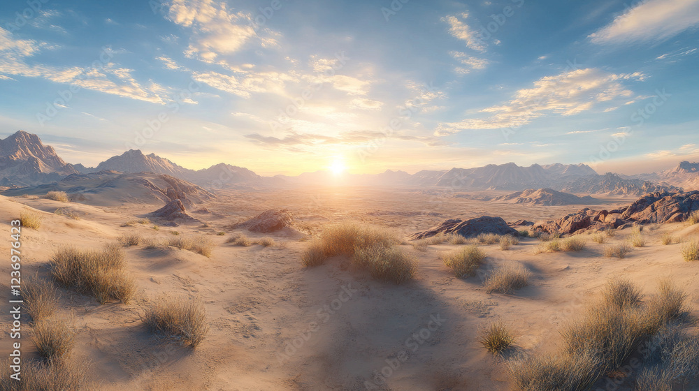 Fototapeta premium Sun over desert landscape 360 panorama vr environment map. 3D Illustration