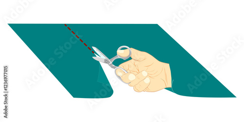 Hand holding scissors cutting along a dashed line. Vector illustration isolated on white background. Sewing, tailoring, and crafting concept for design and print.