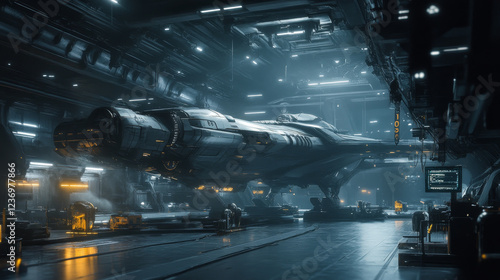 Fototapeta Naklejka Na Ścianę i Meble -  dark modern futuristic technology station space ship sci-fi laboratory 3d render illustration