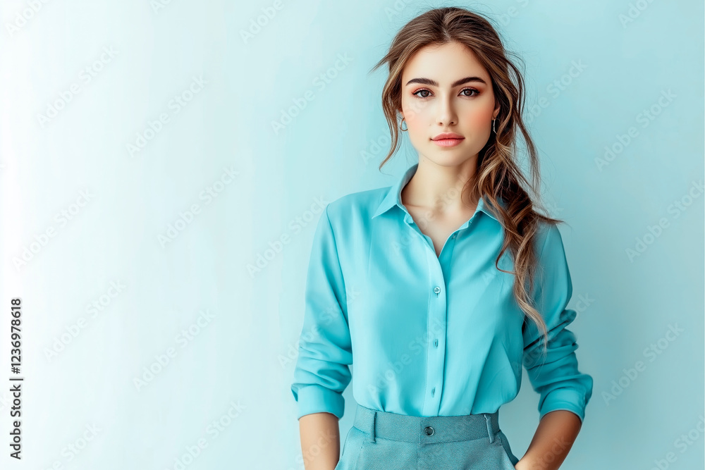 Full length portrait of a beautiful girl in her 20s wearing a light blue blouse and light blue trousers in casual style, standing against a light solid color background Full length portrait of a beautiful girl in her 20s wearing a light blue blouse and light blue trousers in casual style, standing against a light solid color background