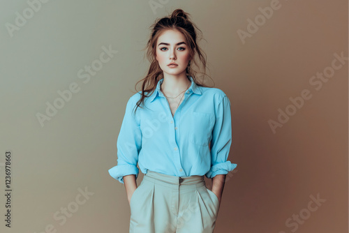 Full length portrait of a beautiful girl in her 25s wearing a light blue blouse and beige trousers in casual style, standing on a light brown solid background photo