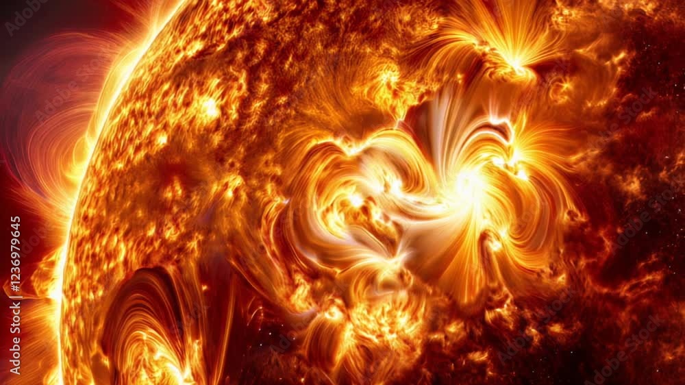 Stunning visualization of the Sun showcasing vibrant solar flares and intricate chromosphere activity. Stunning visualization of the Sun showcasing vibrant solar flares and intricate chromosphere activity.