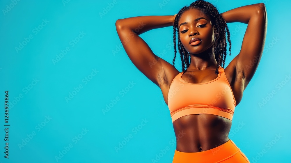 Fototapeta premium Athletic Woman Posing In Orange Sportswear Against Blue Background