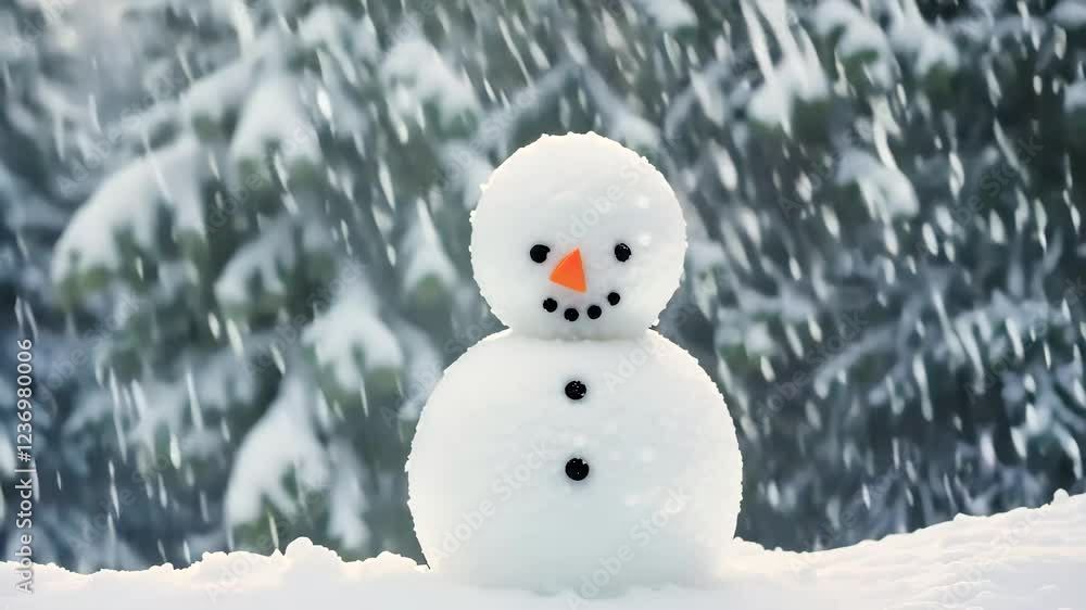 Snowman standing amid falling snow in winter Snowman standing amid falling snow in winter