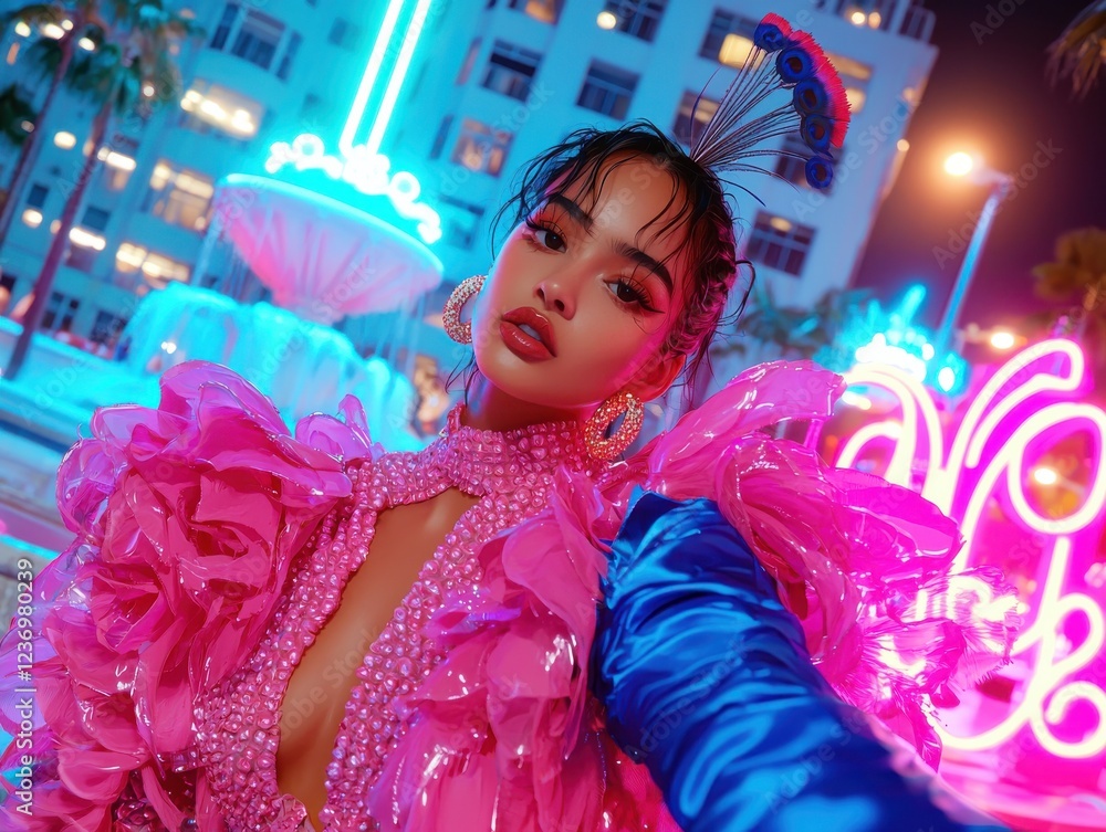Vibrant anthropomorphic peacock influencer posing near luxurious glowing fountain urban nightlife portrait neon lights Vibrant anthropomorphic peacock influencer posing near luxurious glowing fountain urban nightlife portrait neon lights