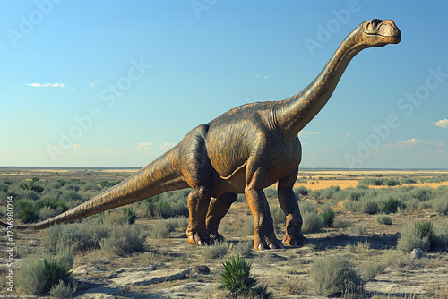 Large sauropod dinosaur in natural habitat under clear blue sky photo