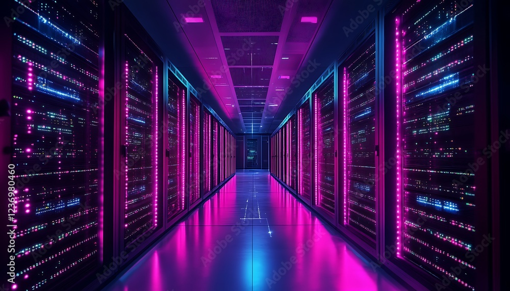 Neon-lit server room corridor with rows of data storage racks. Neon-lit server room corridor with rows of data storage racks.