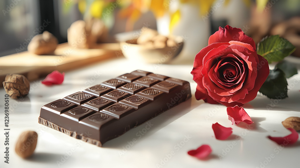 Dark chocolate bar with rose, nuts, sunlit table. Romantic gift, Valentine's Day Dark chocolate bar with rose, nuts, sunlit table. Romantic gift, Valentine's Day
