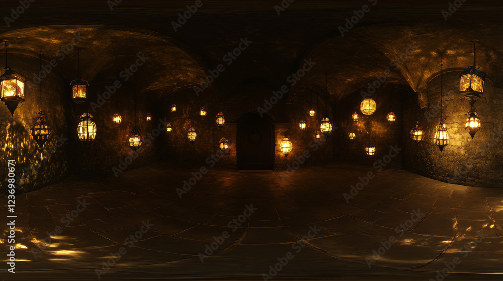 Fototapeta premium Dark Room With Multiple Wall Lights 360 panorama vr environment map. 3D Illustration
