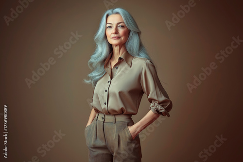 Full length portrait of a woman in her 50s looking into the camera wearing a brown blouse and beige trousers in a casual style, standing against a solid light brown background.