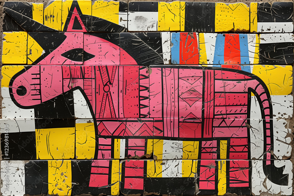 Fototapeta premium Colorful geometric graffiti mural of pink donkey on blocked background