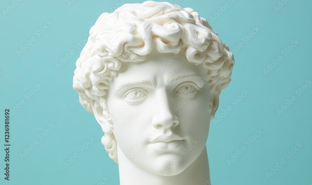 Obraz premium White Greek statue headshot of a male figure against a Light blue background, in the vaporwave style with a plasticine look and feel.