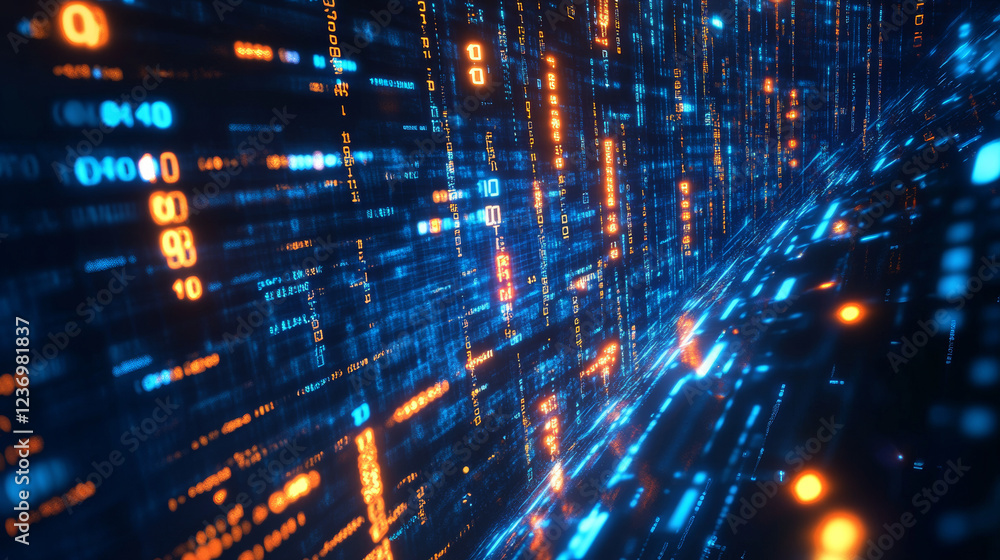 Fototapeta premium data highway concept visualization with binary program code and glowing fibres on dark background 3d render illustration