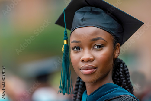 Young woman in graduation cap and gown celebrating academic achievement outdoors photo