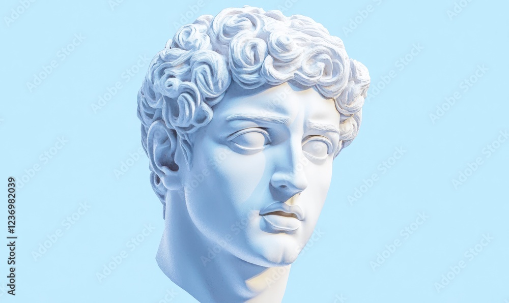 White Greek statue headshot of a male figure against a Light blue background, in the vaporwave style with a plasticine look and feel. White Greek statue headshot of a male figure against a Light blue background, in the vaporwave style with a plasticine look and feel.