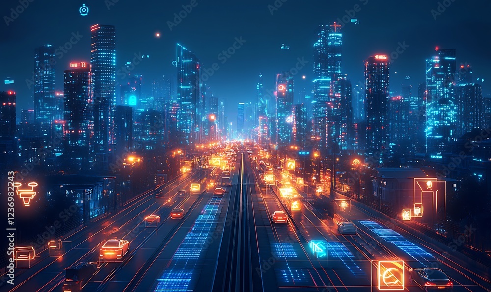 Futuristic city highway at night with illuminated vehicles and digital overlays. Futuristic city highway at night with illuminated vehicles and digital overlays.
