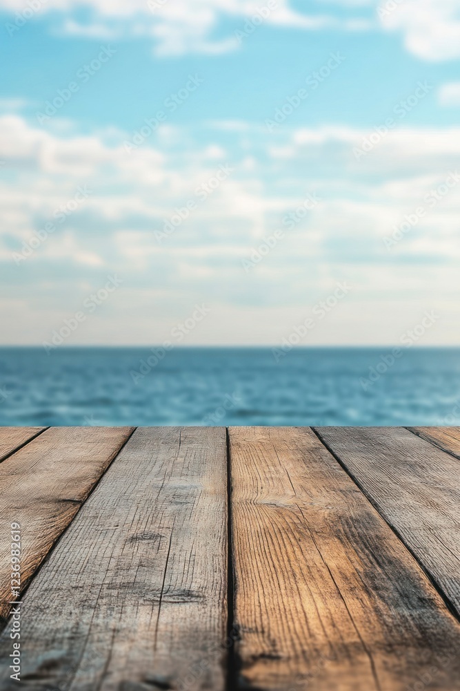 Abstract blurred background with a wooden tabletop, featuring blue and orange colors, with the sky and sea visible in the blurry background. 