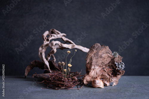 still life, phyto design, composition of dry flowers, branches, wood, bird feathers. photo