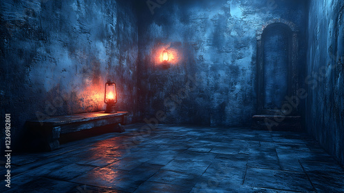 Dark dungeon room, lanterns, stone walls, mystery, horror game background