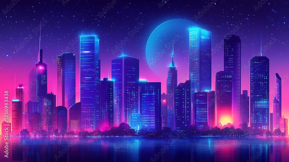 Neon cityscape at night with a large moon. Neon cityscape at night with a large moon.