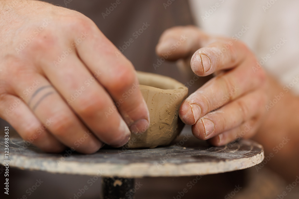 Close up of potter shaping clay cup on wheel Close up of potter shaping clay cup on wheel