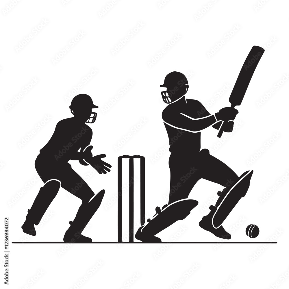 Obraz premium Cricket Match Action Silhouette Vector Illustration