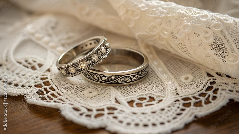 A pair of elegant gold wedding rings with intricate engravings placed on a lace-trimmed linen cloth on a rustic wooden table. A romantic and timeless symbol of love, marriage, and commitment. A pair of elegant gold wedding rings with intricate engravings placed on a lace-trimmed linen cloth on a rustic wooden table. A romantic and timeless symbol of love, marriage, and commitment.
