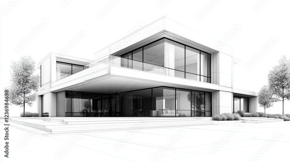 Modern two-story house blueprint with minimalist design and bold lines Modern two-story house blueprint with minimalist design and bold lines