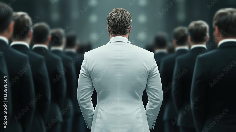 Fototapeta premium Person in white suit contrasts with group in black suits
