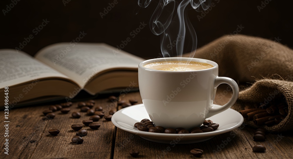 Warm Coffee Steam Book and Beans Cozy Morning Warm Coffee Steam Book and Beans Cozy Morning