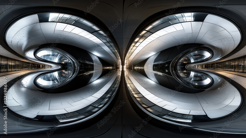 Abstract black and white curved building structure in a reflective symmetrical composition 360 panorama vr environment map. 3D Illustration