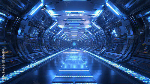 Fototapeta Naklejka Na Ścianę i Meble -  futuristic laboratory hall space station floor with laser lighting 3d render illustration