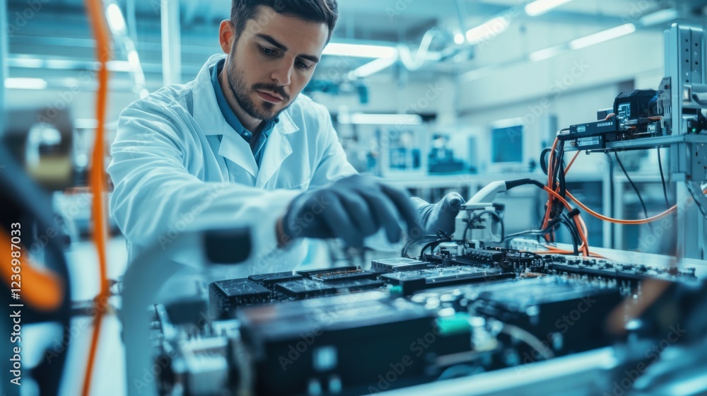 An automotive engineer testing electric vehicle batteries in a laboratory, with battery cells and testing equipment visible, Battery testing lab scene An automotive engineer testing electric vehicle batteries in a laboratory, with battery cells and testing equipment visible, Battery testing lab scene