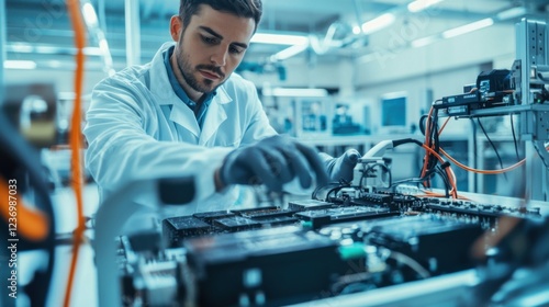 Wallpaper Mural An automotive engineer testing electric vehicle batteries in a laboratory, with battery cells and testing equipment visible, Battery testing lab scene Torontodigital.ca
