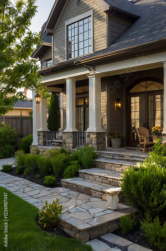 Elegant Stone House Exterior with Landscaping and Porch. Classic American Home Architecture, Modern Design, Luxury Real Estate Property
