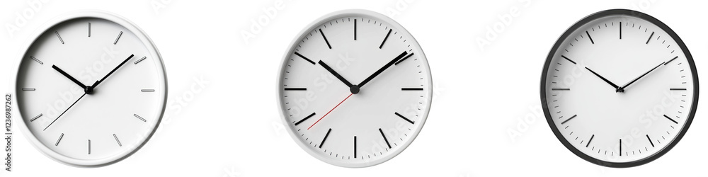 Simple white wall clock isolated on transparent background, PNG, Set of Simple white wall clock isolated on transparent background, PNG, Set of